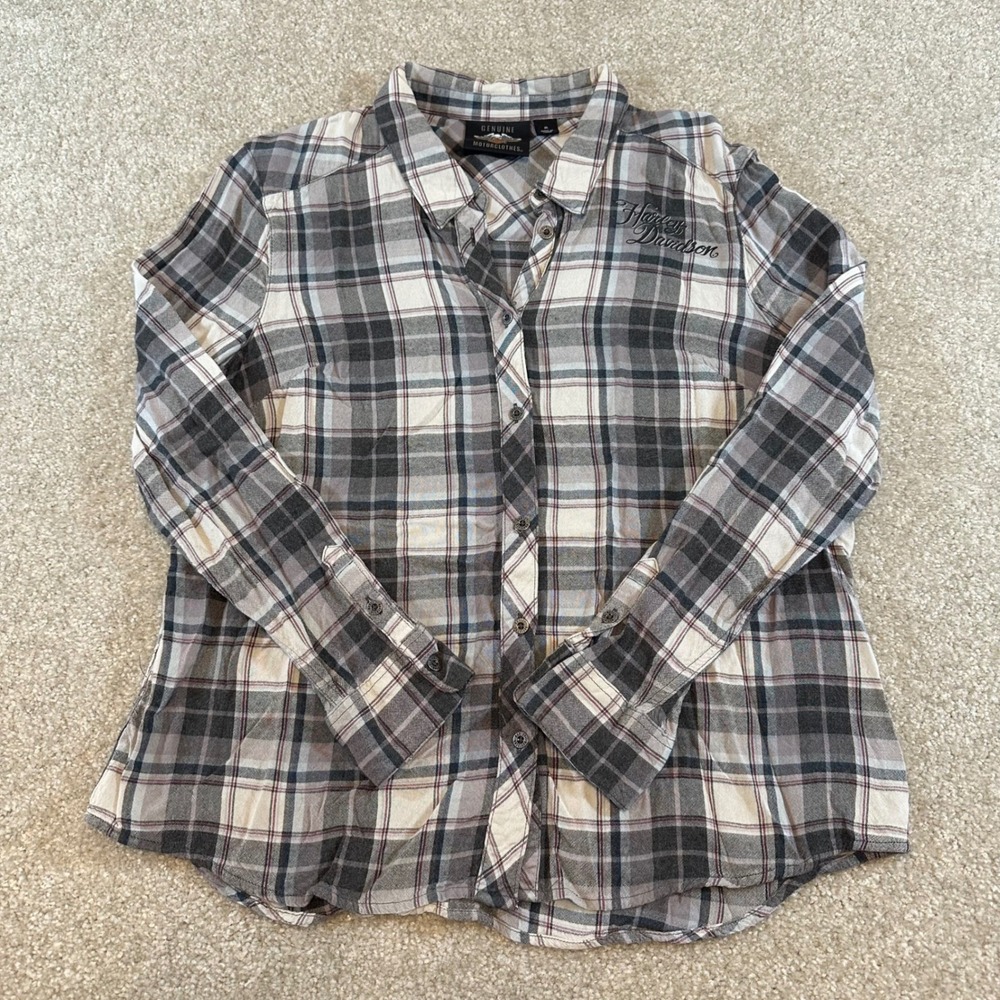 VTG Y2K Harley Davidson Womens Plaid Button Down Shirt Grey Black XL Logo Top